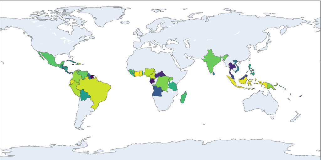 World map of cocoa-producing countries; darker = higher output; Dominican Republic highlighted among top producers.